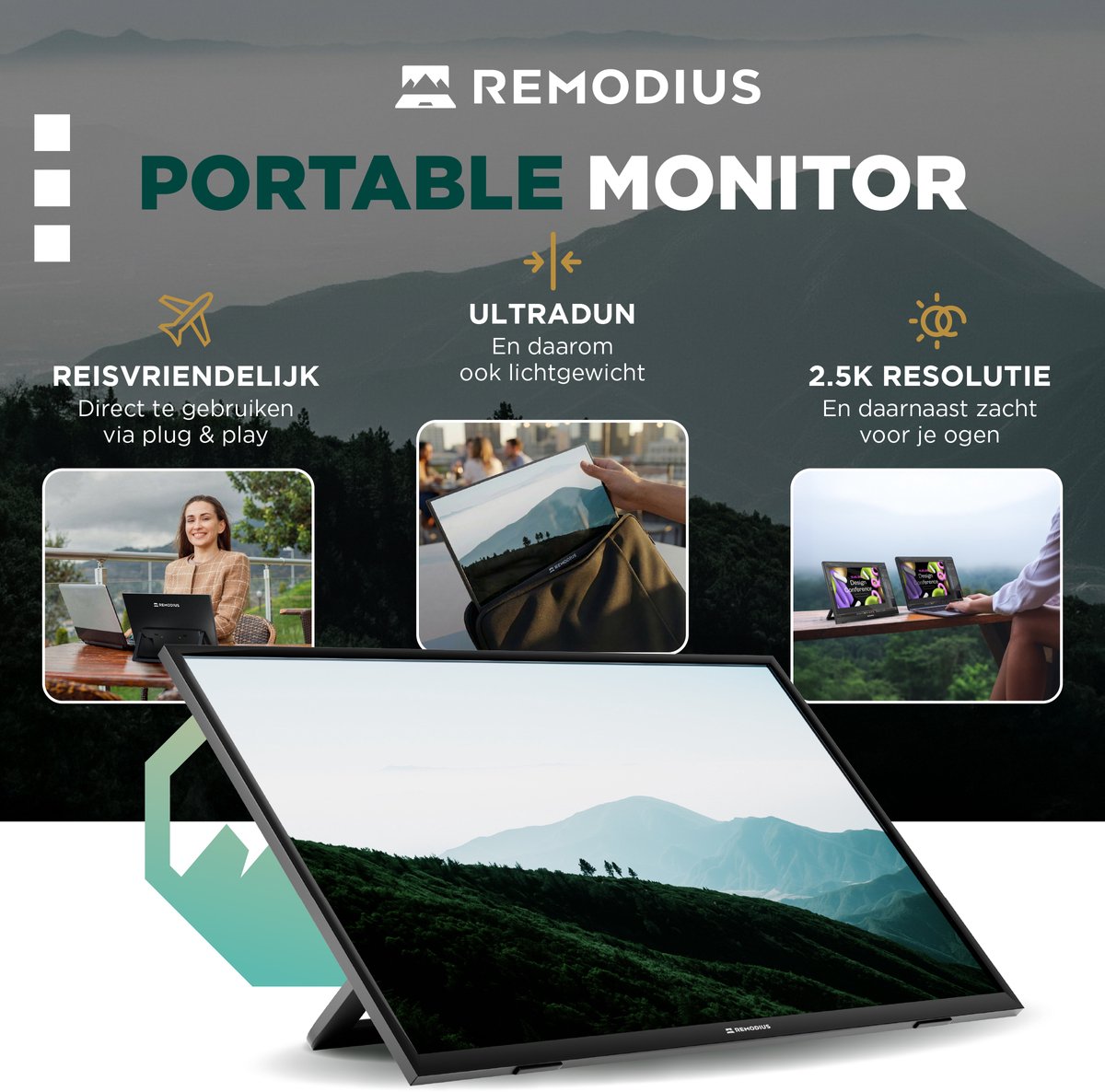Remodius Draagbare Monitor - 13 Inch 2K IPS - USB-C en Mini HDMI - Met Standaard - Zwart