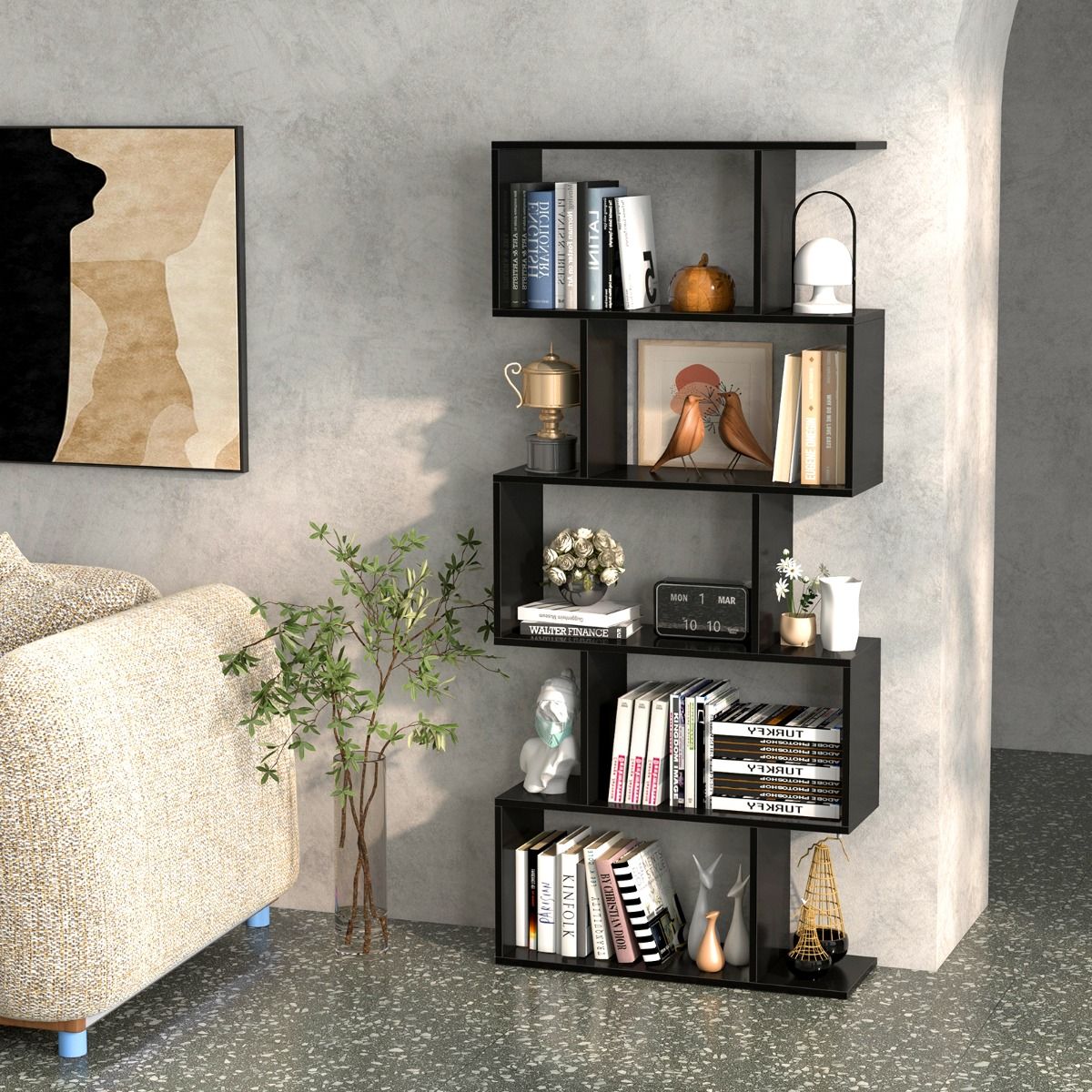 Coast Boekenkast S-vorm - 5 niveaus - anti-kantel opbergmeubel - zwart - 70 x 23,5 x 158 cm