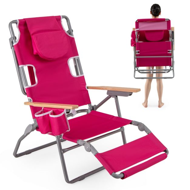 Coast Opvouwbare Strandstoel 66 x 149 x 56 cm - 3-in-1 - Voetsteun/Gezichtsopening - Rozenrood