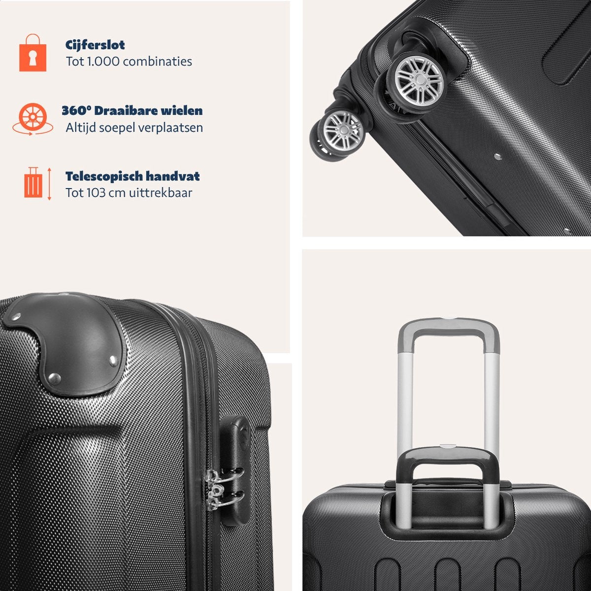 TRVLMORE Kofferset - 3 Delig - Complete Set - 38L Handbagage + 70L en 110L Ruimbagage - Zwart