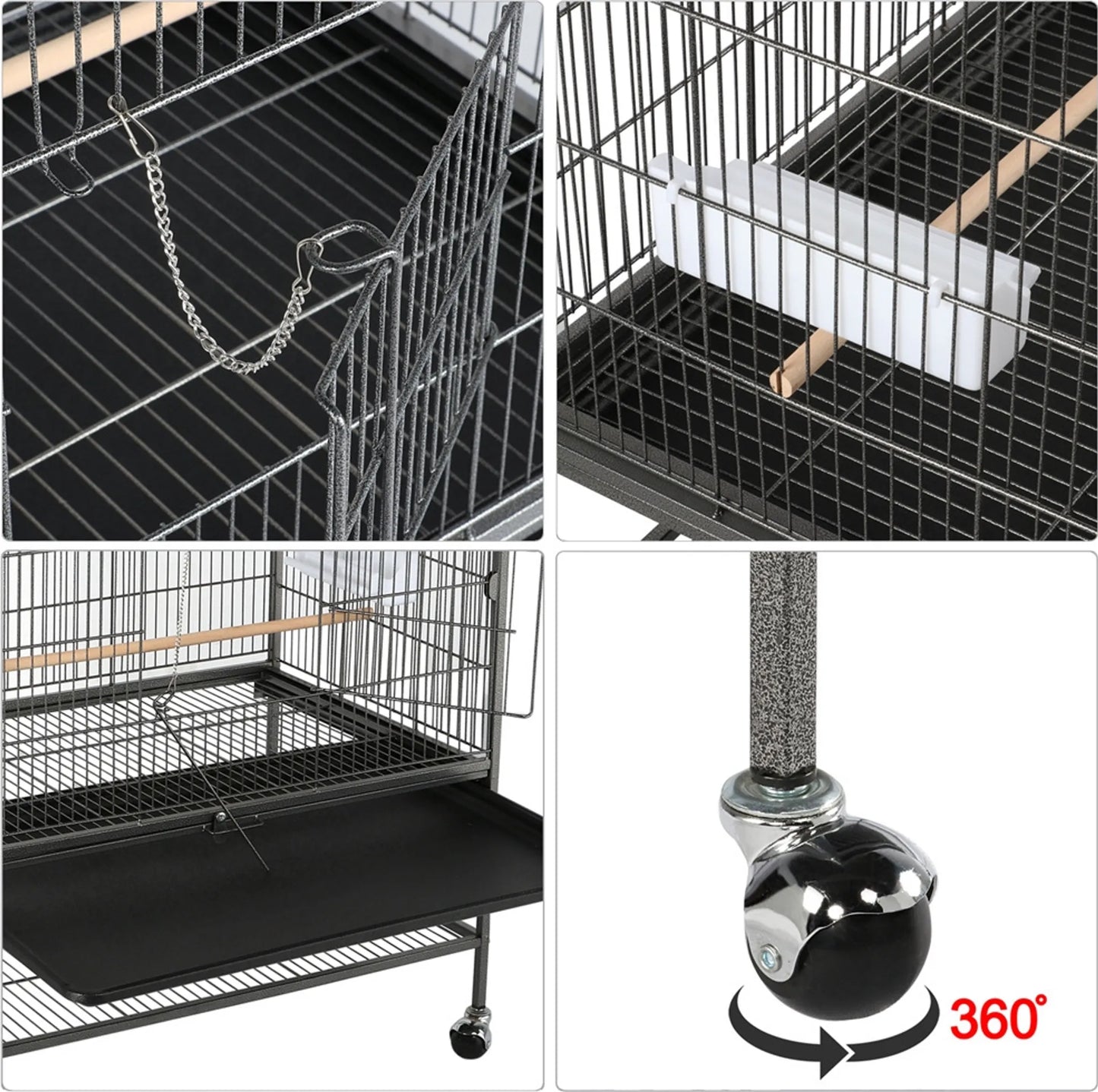 Yaheetech XXL Vogelkooi Met 360° Zwenkwielen – Voorzien Van Onderste Opbergplank En 4 Zitstokken En Verwijderbare Bodemplaat – Voor Parkieten En Valkparkieten – Zwart Metaal – 93,5 x 56,5 x 153 cm