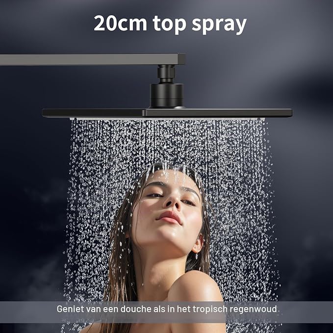 HOMELODY Regendoucheset Zonder Kraan – 20 x 20 cm Hoofddouche – Handdouche – Verstelbare Douchestang – Zwart
