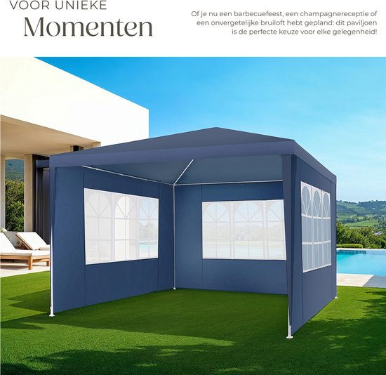 Tectake Partytent - Paviljoen - Opvouwbaar - Met Zijwanden - Waterdicht - 300 x 300 cm – Blauw