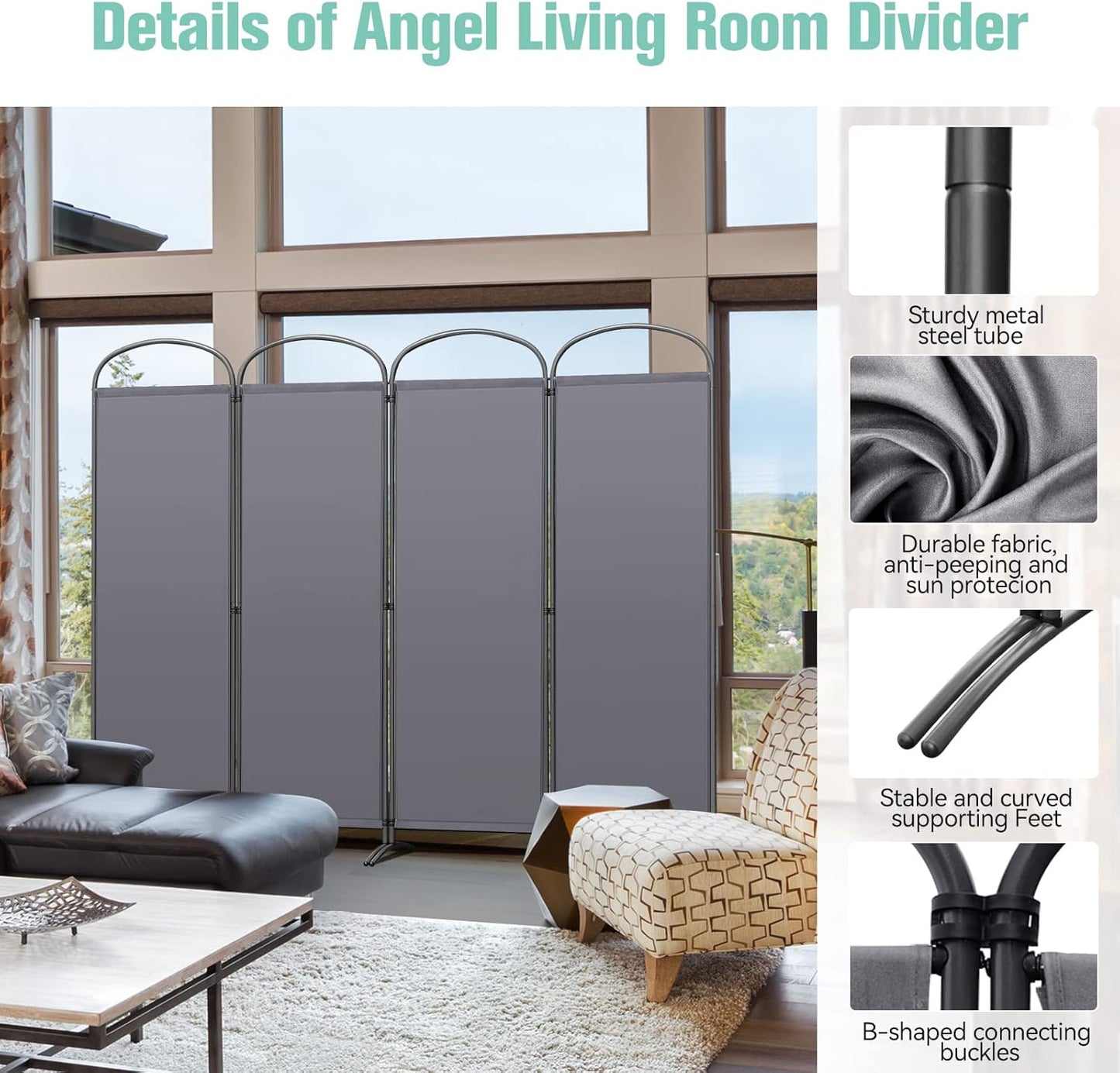 Angel Living Kamerscherm - 4 Panelen - 224 x 182 cm - Binnen & Buiten - Grijs