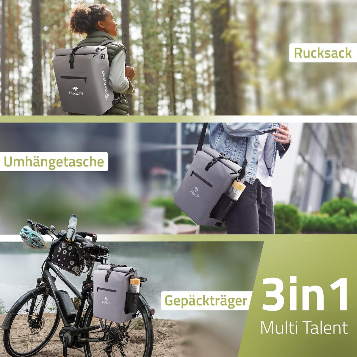 3-in-1 Fietstas Bagagedrager - 25 Liter - Grijs - Laptopvak - Waterdicht