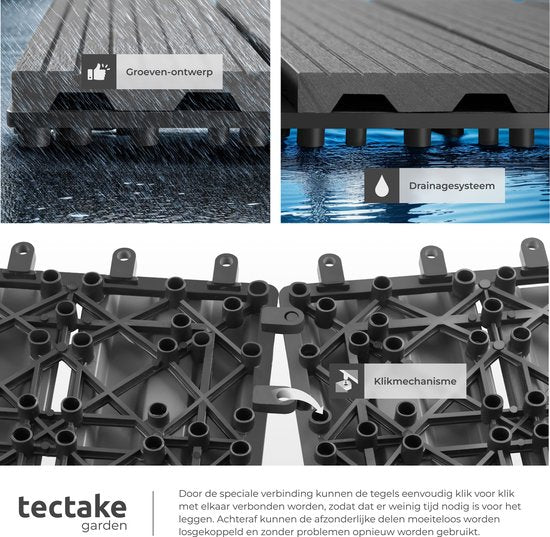 tectake® WPC houten tegels - Houtlook tegels - Weerbestendig - Vloerbedekking voor buiten - Vloertegels - Balkonvloer - Terrastegels met kliksysteem - Afvoer - Set van 11 - Grijs