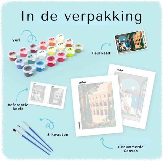 Rubye® Schilderen Op Nummer Volwassenen – Italië – Inclusief Verf en Penselen – Canvas Schildersdoek Zonder Frame - Kleuren op Nummer - Dubbele Set - 15x20cm