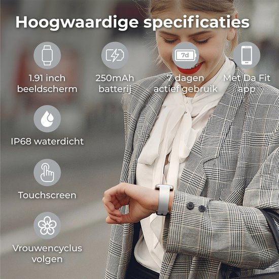 Nuvance - Smartwatch Heren & Dames met Bluetooth - IP68 Waterdicht - Geschikt voor alle Smartphones - Stappenteller en Hartslagmeter - Zilver