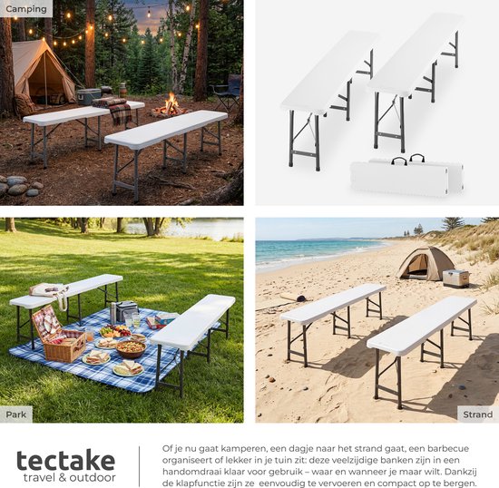 tectake® Set van 2 Inklapbare Bankjes - Tuinbankjes - 8 Personen - Bierbank - Draagbare Banken voor Campingtafel - Biertafel - Picknicktafel - Tuintafel - 500kg Draagkracht per Bank - Wit