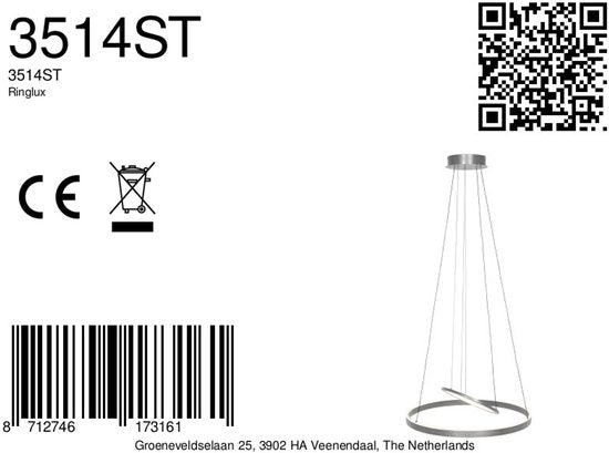 Hanglamp Ringlux 3514ST Staal 60cm Hoogteverstelbaar - Steinhauer Moderne Verlichting voor Binnen