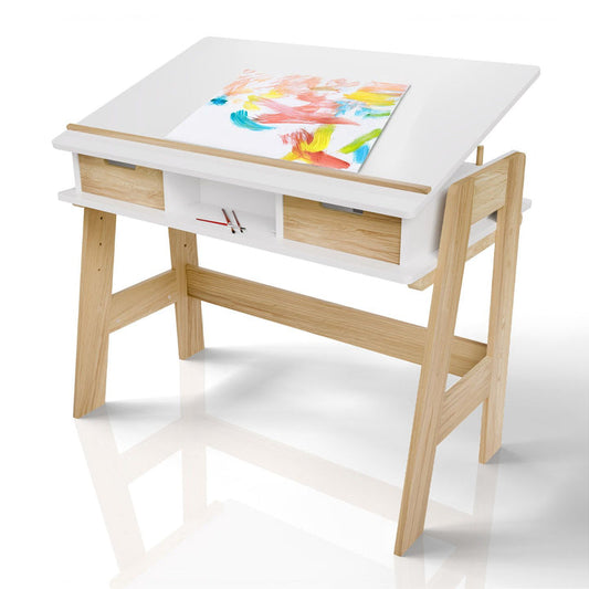 Juskys Fietje Plus Kinderbureau met Verstelbaar Blad en Opbergruimte - Wit/Naturel - 94 x 76 x 63 cm