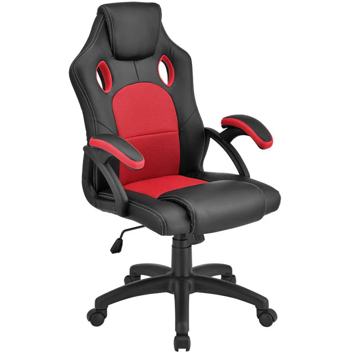 Juskys – Racing Bureaustoel Montreal – 111 x 47 x 52 cm – Voorzien Van Kantelbare Rugleuning En Mesh-Inzet En Gasdrukveer – Voor Gaming En Kantoor – Rood En Zwart Kunstleder En Metaal