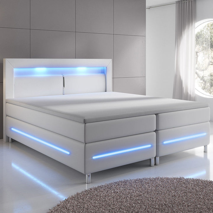 Boxspringbed Norfolk 140x200 cm - Wit - Kunstleer - LED - Luxe slaapcomfort - 66 cm instaphoogte
