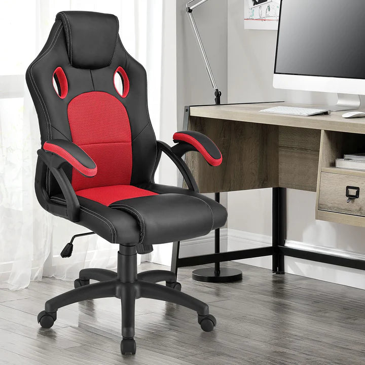 Juskys – Racing Bureaustoel Montreal – 111 x 47 x 52 cm – Voorzien Van Kantelbare Rugleuning En Mesh-Inzet En Gasdrukveer – Voor Gaming En Kantoor – Rood En Zwart Kunstleder En Metaal