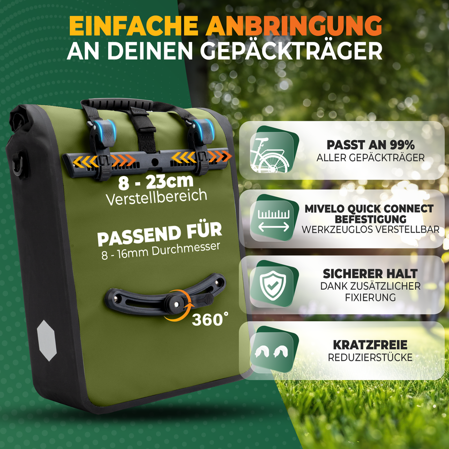 MiVelo Max - 2-in-1 Waterdichte Fietstas voor Bagagedrager - Olijfgroen - 25 L