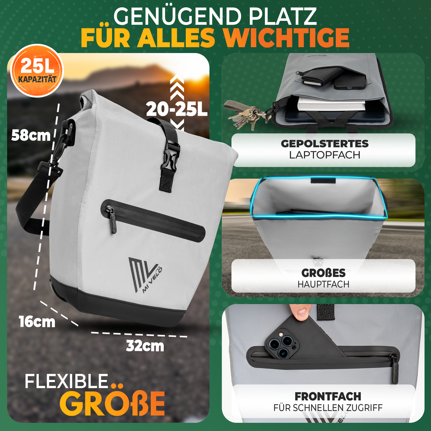 Mivelo 2-in-1 fietstas voor bagagedrager Capax 25L – waterdicht – 58 x 24/32 x 16 cm – volledig reflecterend