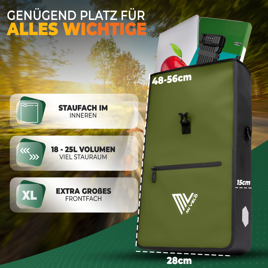 MiVelo Max - 2-in-1 Waterdichte Fietstas voor Bagagedrager - Olijfgroen - 25 L