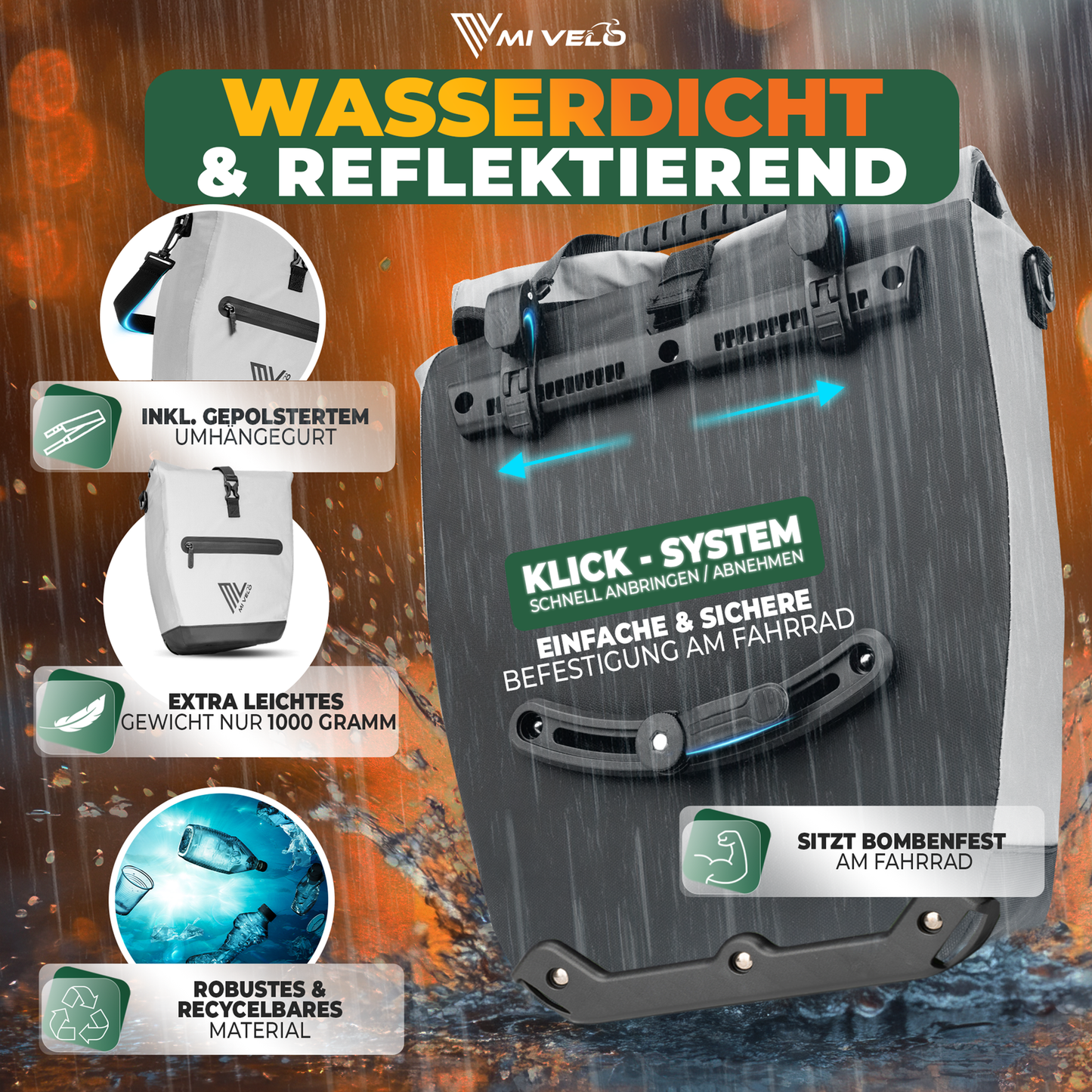 Mivelo 2-in-1 fietstas voor bagagedrager Capax 25L – waterdicht – 58 x 24/32 x 16 cm – volledig reflecterend