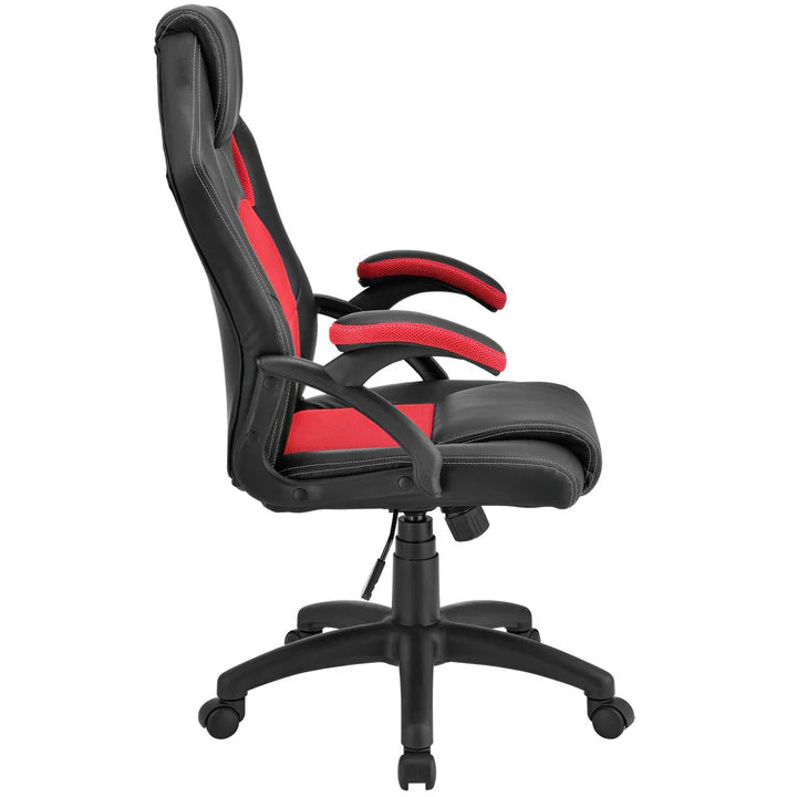Juskys – Racing Bureaustoel Montreal – 111 x 47 x 52 cm – Voorzien Van Kantelbare Rugleuning En Mesh-Inzet En Gasdrukveer – Voor Gaming En Kantoor – Rood En Zwart Kunstleder En Metaal