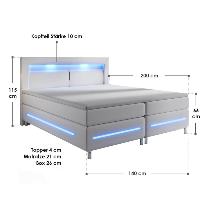 Boxspringbed Norfolk 140x200 cm - Wit - Kunstleer - LED - Luxe slaapcomfort - 66 cm instaphoogte