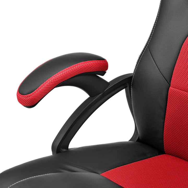Juskys – Racing Bureaustoel Montreal – 111 x 47 x 52 cm – Voorzien Van Kantelbare Rugleuning En Mesh-Inzet En Gasdrukveer – Voor Gaming En Kantoor – Rood En Zwart Kunstleder En Metaal