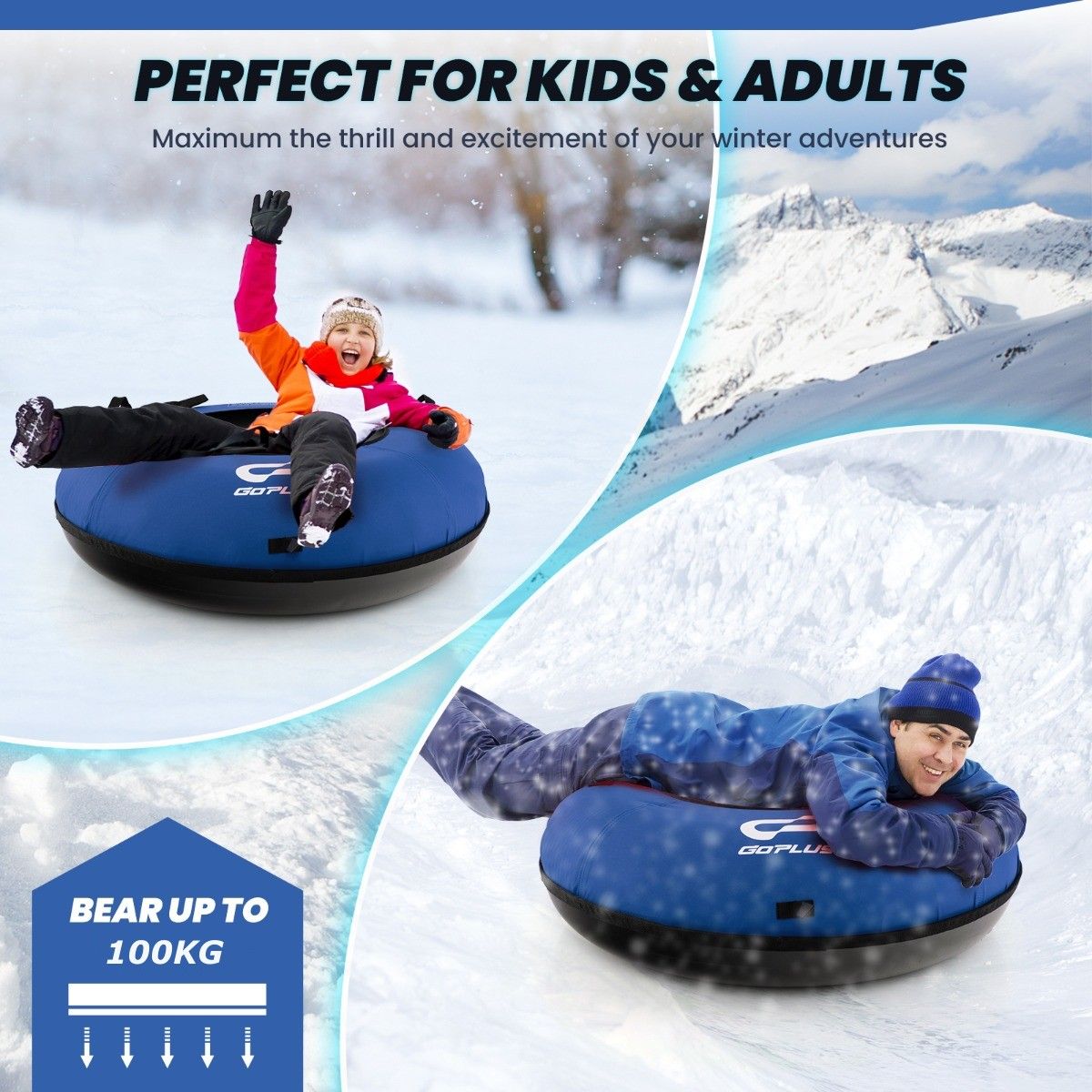 Coast 100 cm Opblaasbare Sneeuwslee Blauw – Duurzaam Oxford – Harde Bodem – Inclusief Zitkussen en Sleepriem