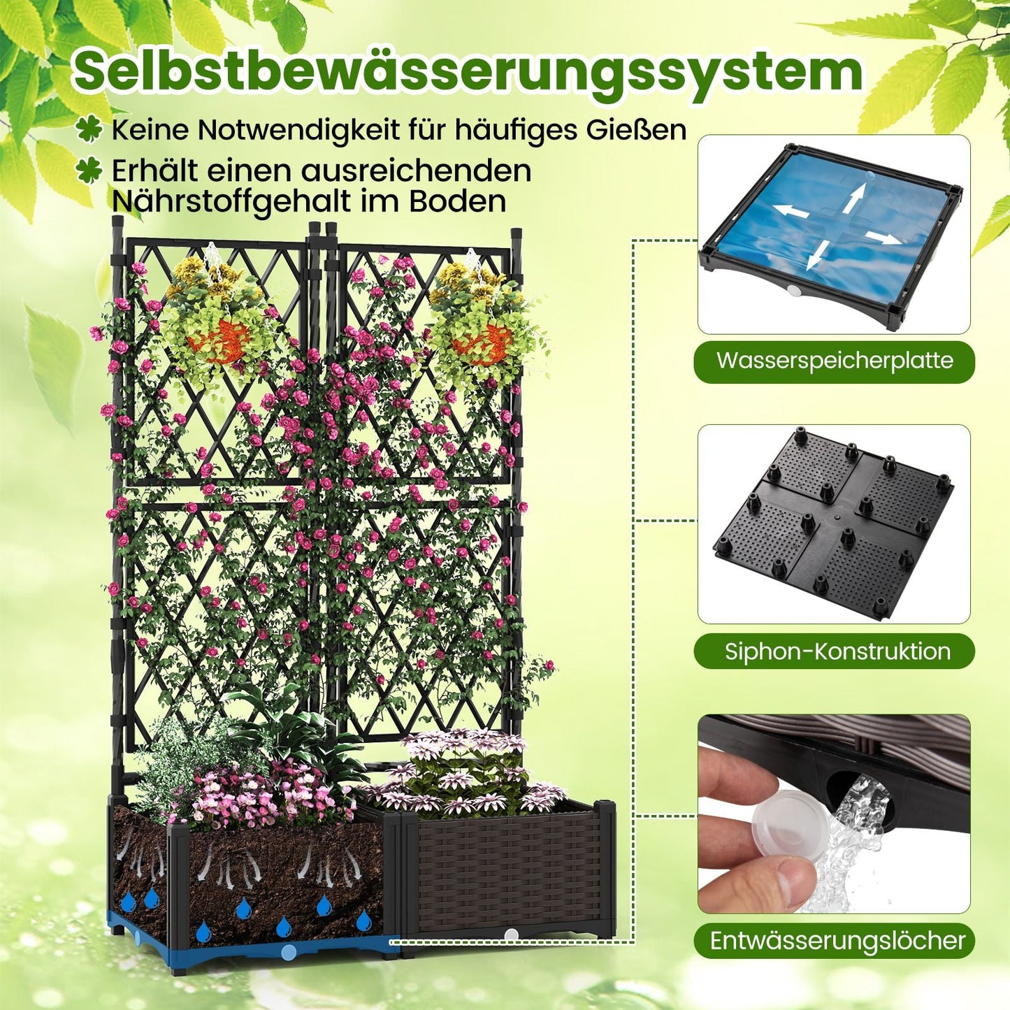 Coast Plantenbak met Klimrek 80 × 40 × 126 cm – Zwart – Verhoogde Bloembak met Zelfbewateringssysteem