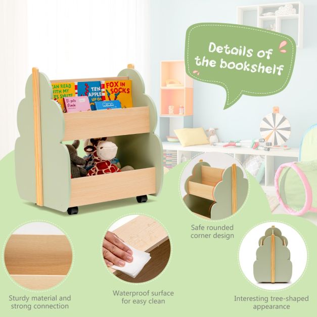 Coast boekenplank kinderboekplank gemaakt van hout met universele wielen 52 x 46 x 62,5 cm groen