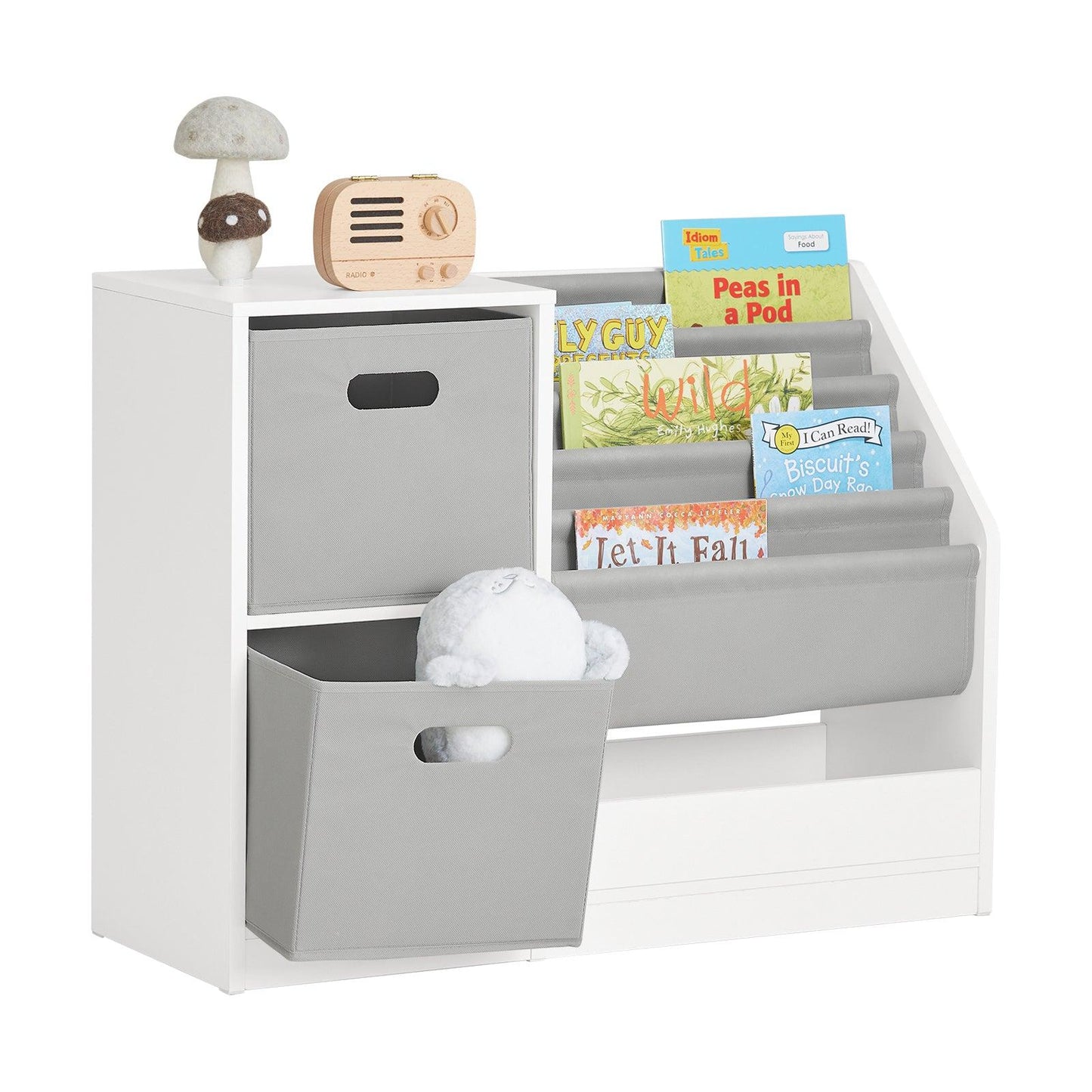 SoBuy Boekenplank voor Kinderen met 2 manden - Max. 40 kg - 80 x 30 x 61 cm - Wit / Grijs
