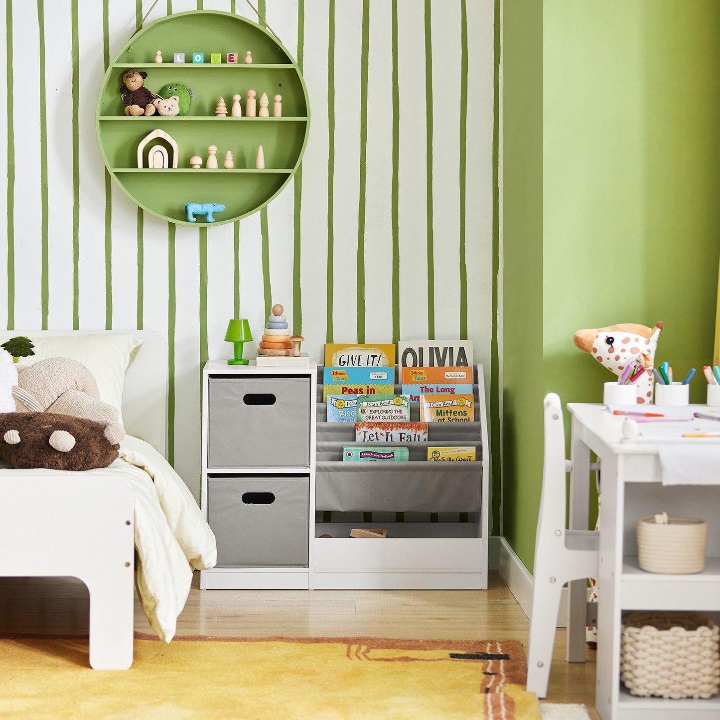 SoBuy Boekenplank voor Kinderen met 2 manden - Max. 40 kg - 80 x 30 x 61 cm - Wit / Grijs