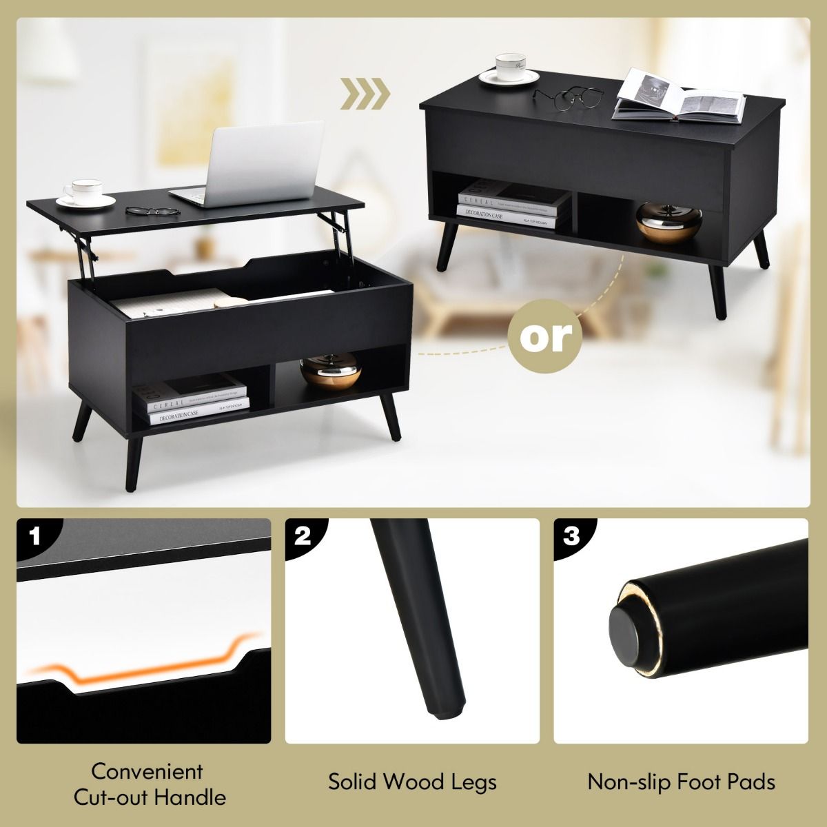 Coast salontafel met Verhoogd Blad - Modern - 80 x 40 x 45 cm - Zwart