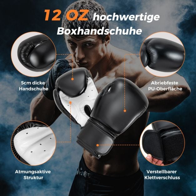 Coast Bokszak Set Zwart – 4-in-1 Hangende Punching Bag met 12OZ Bokshandschoenen – 32 x 110 cm