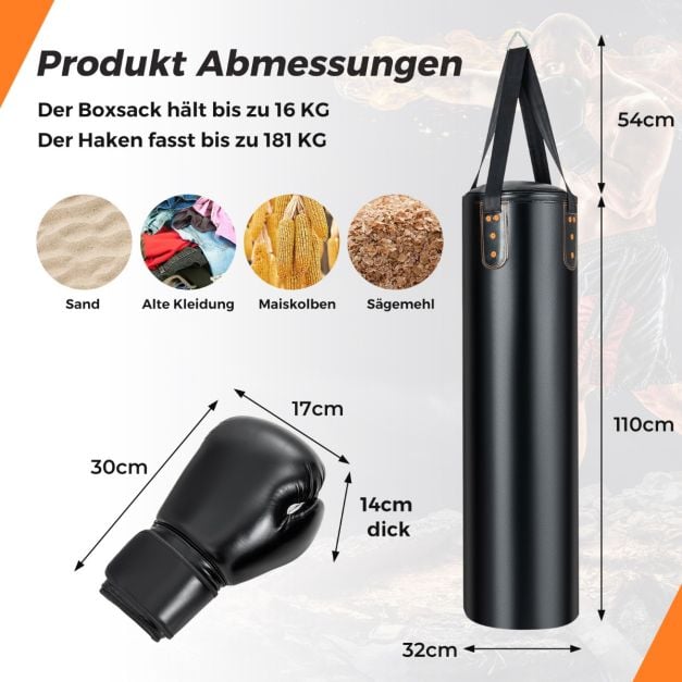 Coast Bokszak Set Zwart – 4-in-1 Hangende Punching Bag met 12OZ Bokshandschoenen – 32 x 110 cm