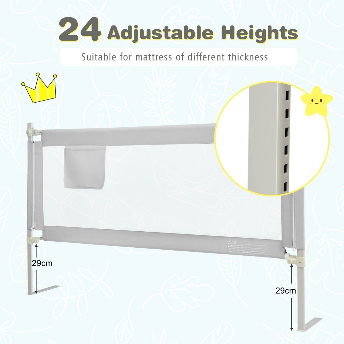 Coast Bedhek Afsluitbaar 176,5 x 25 x 101,5 cm Grijs – 24 Instelbare Hoogtes en Zijvak