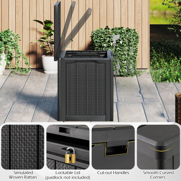 Coast Opbergbox Zwart – 96L Buitenbox met Afsluitbaar Deksel en Rattanlook – 56 x 41 x 50,5 cm