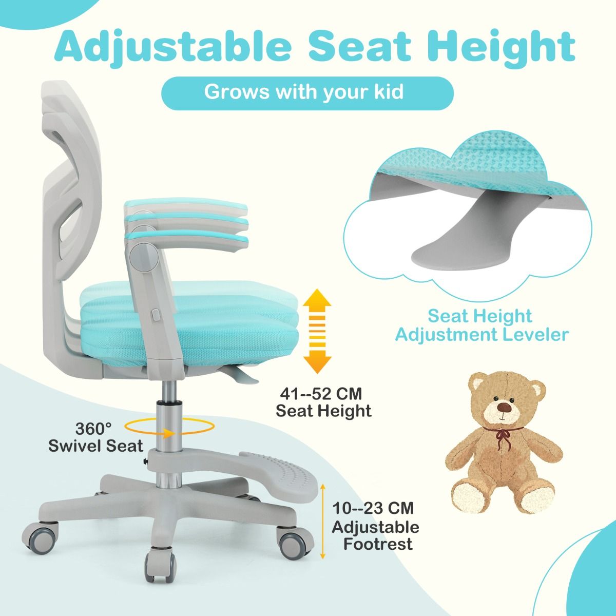 Coast Kinder Bureaustoel Ergonomisch Verstelbaar met Wielen en Voetsteun – Zithoogte 41-52 cm – Turquoise – 57 x 55 x 80-91 cm