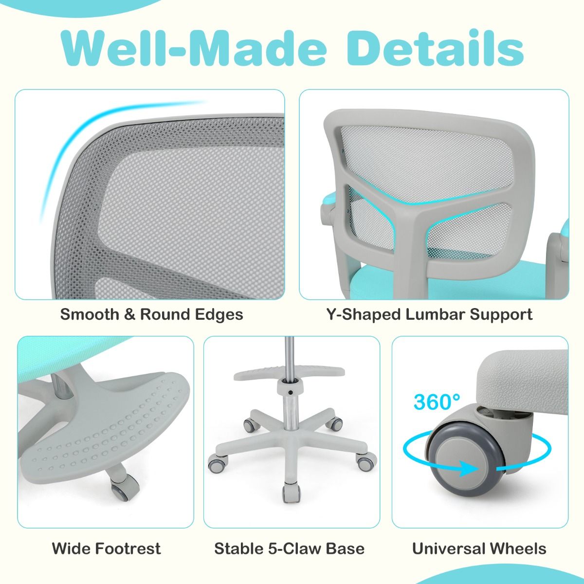 Coast Kinder Bureaustoel Ergonomisch Verstelbaar met Wielen en Voetsteun – Zithoogte 41-52 cm – Turquoise – 57 x 55 x 80-91 cm