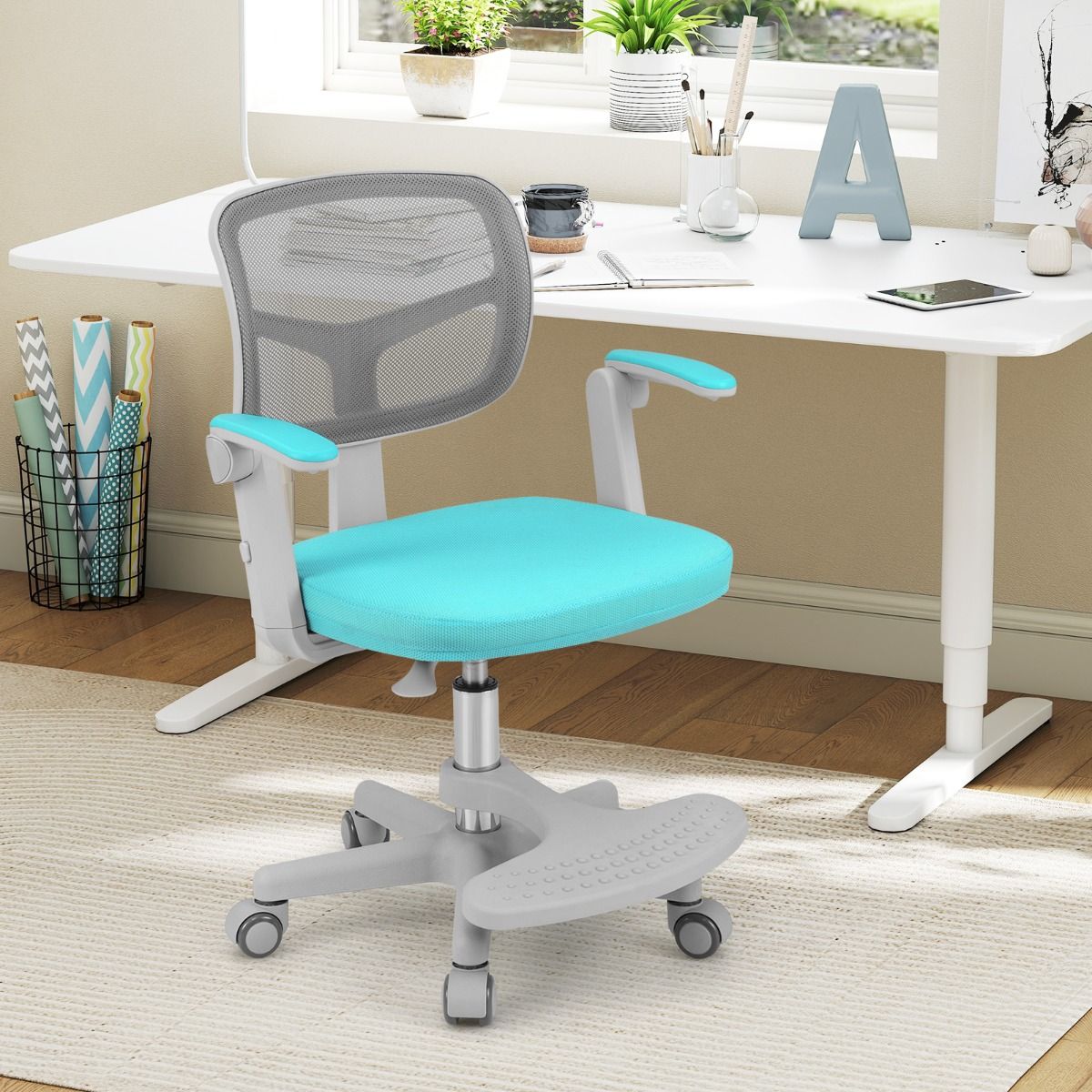 Coast Kinder Bureaustoel Ergonomisch Verstelbaar met Wielen en Voetsteun – Zithoogte 41-52 cm – Turquoise – 57 x 55 x 80-91 cm