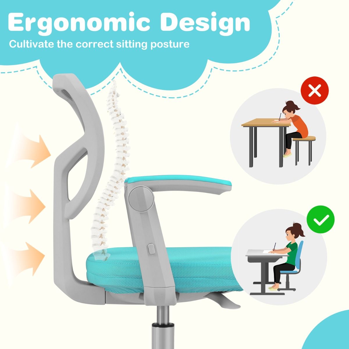 Coast Kinder Bureaustoel Ergonomisch Verstelbaar met Wielen en Voetsteun – Zithoogte 41-52 cm – Turquoise – 57 x 55 x 80-91 cm