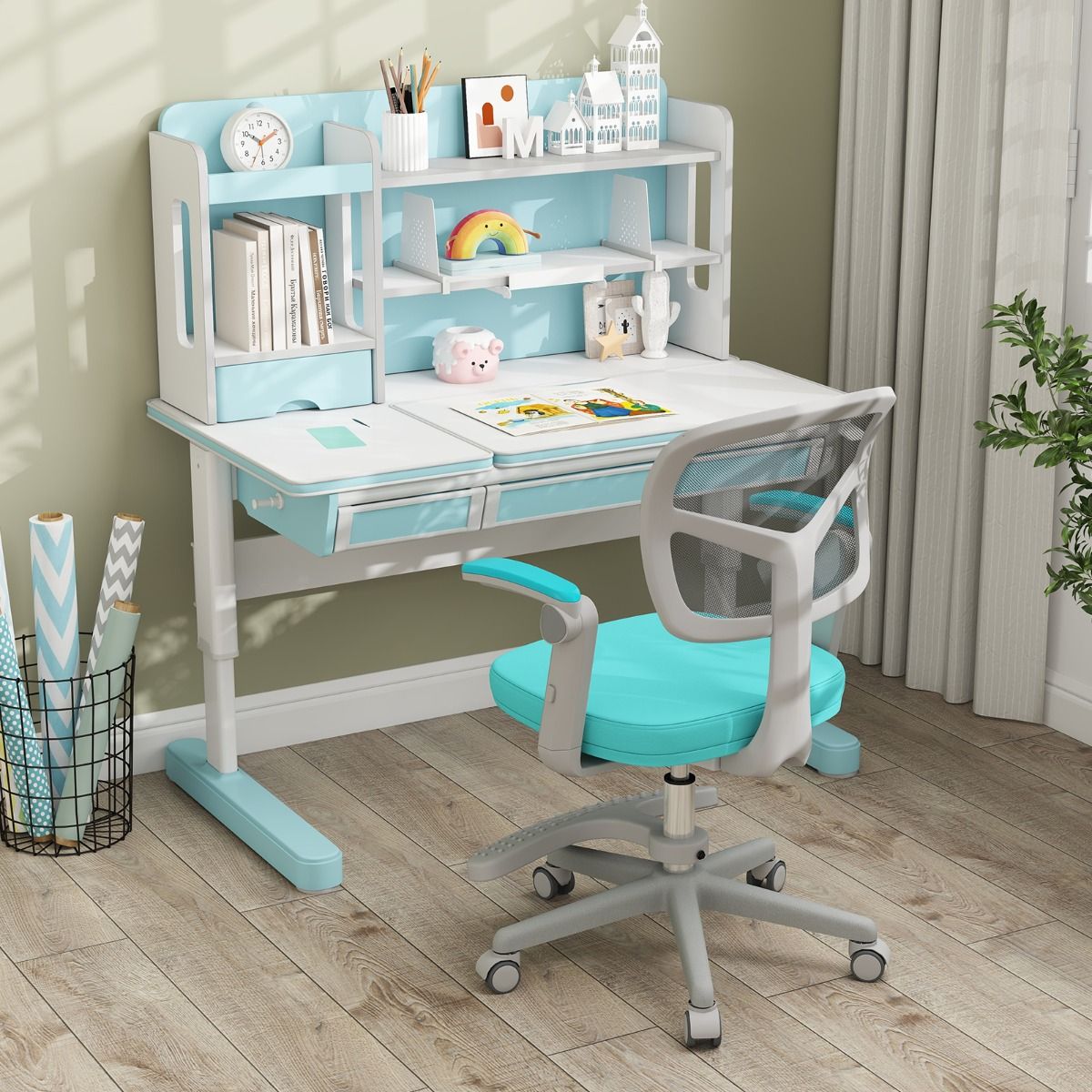 Coast Kinder Bureaustoel Ergonomisch Verstelbaar met Wielen en Voetsteun – Zithoogte 41-52 cm – Turquoise – 57 x 55 x 80-91 cm