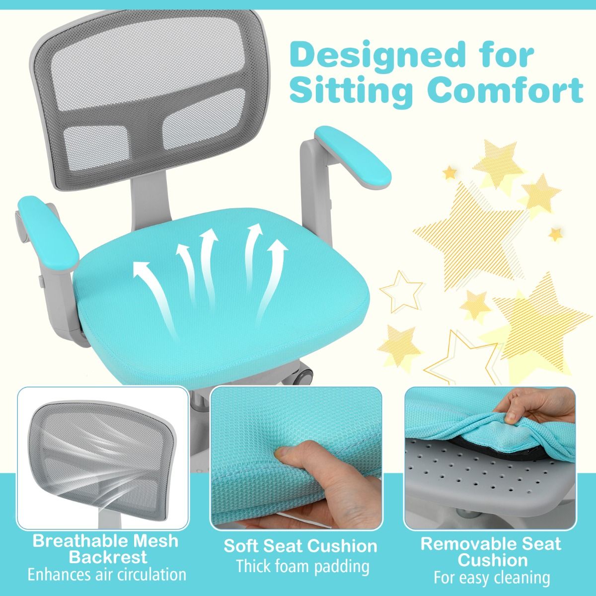 Coast Kinder Bureaustoel Ergonomisch Verstelbaar met Wielen en Voetsteun – Zithoogte 41-52 cm – Turquoise – 57 x 55 x 80-91 cm