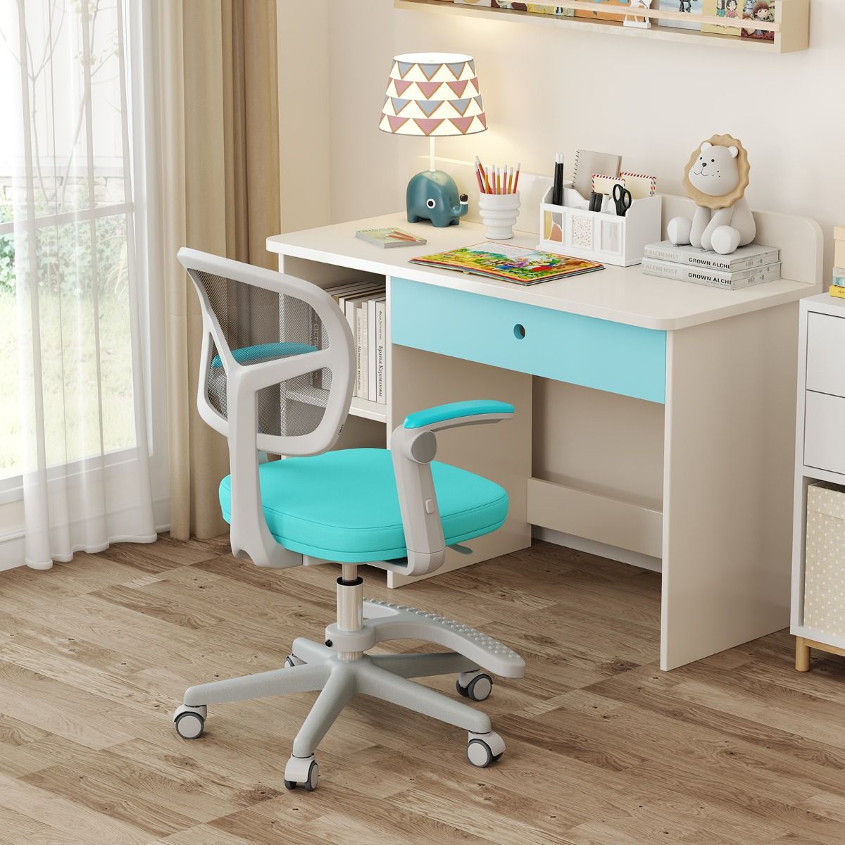 Coast Kinder Bureaustoel Ergonomisch Verstelbaar met Wielen en Voetsteun – Zithoogte 41-52 cm – Turquoise – 57 x 55 x 80-91 cm