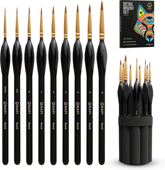 NAPI Penselen Set voor Precisie - 9 Fijne Kwasten in Etui - Miniatuur Schilderen, Modelbouw, Gouache, Warhammer. Geschikt voor Acrylverf, Aquarel, Olieverf, Waterverf, Schmink - Ergonomische Grip - Detail Kwastenset in Houder