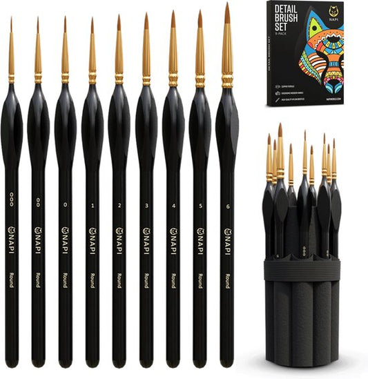 NAPI Penselen Set voor Precisie - 9 Fijne Kwasten in Etui - Miniatuur Schilderen, Modelbouw, Gouache, Warhammer. Geschikt voor Acrylverf, Aquarel, Olieverf, Waterverf, Schmink - Ergonomische Grip - Detail Kwastenset in Houder
