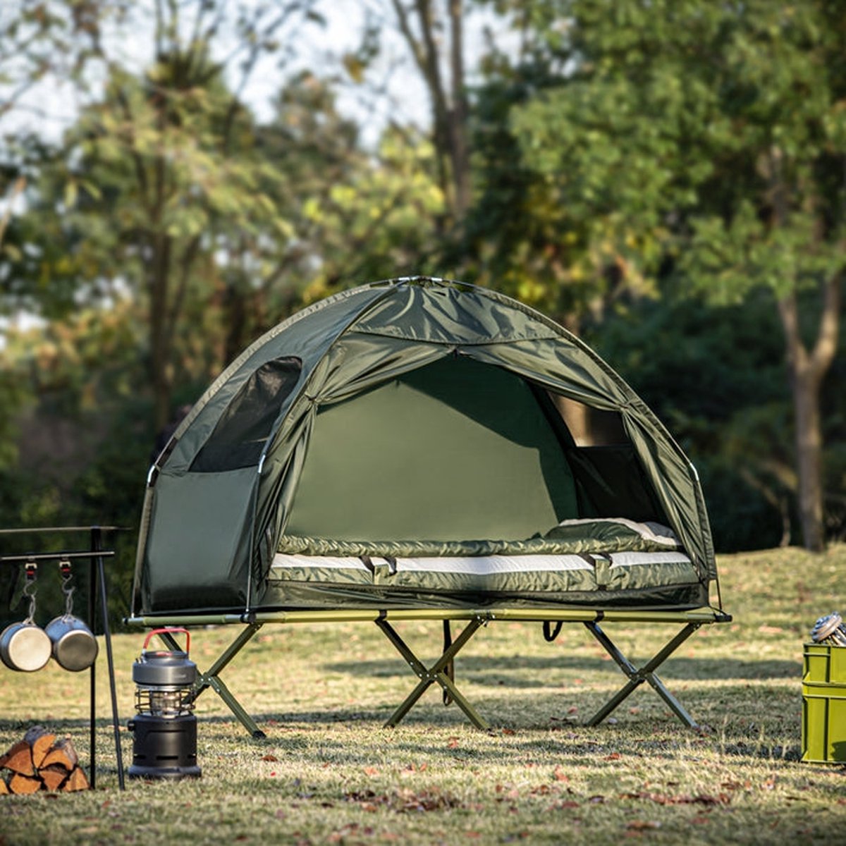 SoBuy  - 4-in-1 Campingtent Kit - Pop-Up Tent - Draagbaar Kampeerbed - Buitenligstoel - Duurzaam Oxford Nylon - Muggenbescherming - Eenvoudige montage - 193x160x86cm - Groen