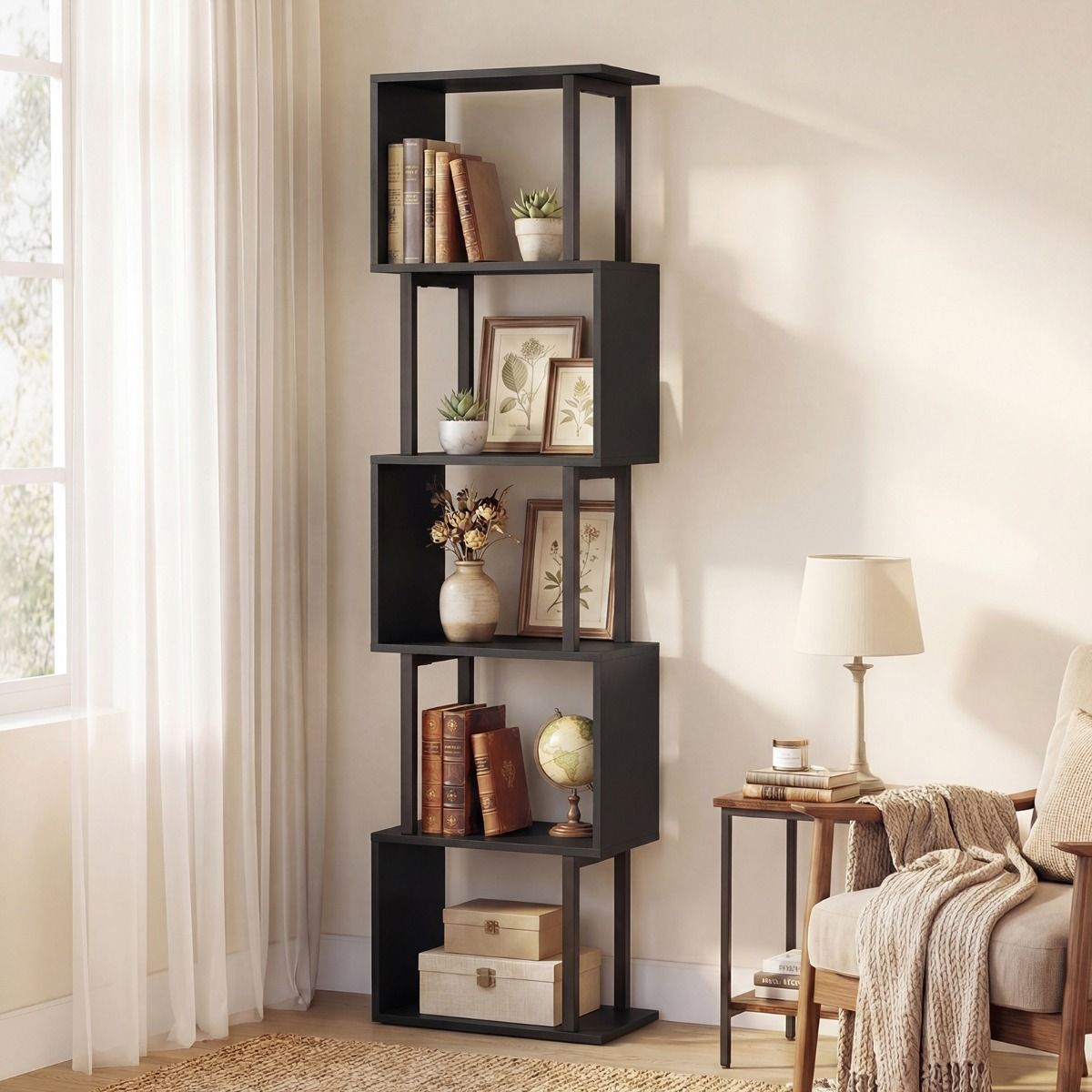 Coast Boekenrek met 5 planken - geometrisch ontwerp - metalen frame - zwart/rustiek bruin