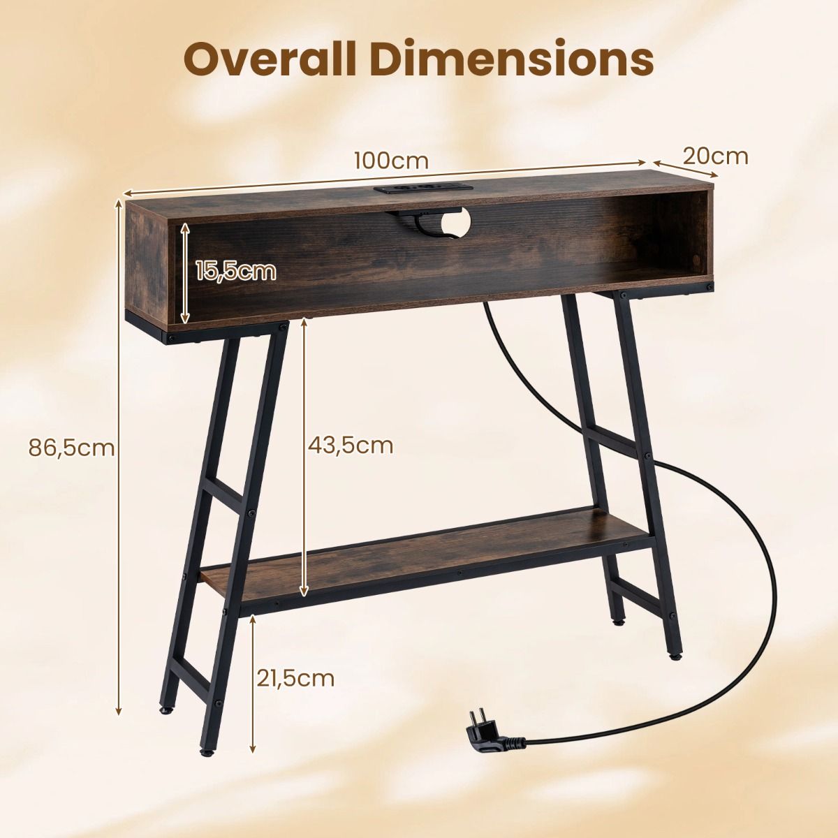 Coast Consoletafel met ledverlichting - oplaadstation - 3 niveaus - roestbruin en zwart - 100 x 20 x 86,5 cm