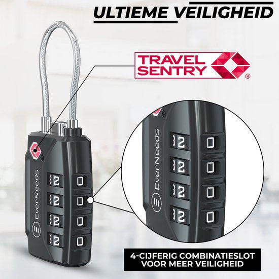 EverNeeds - TSA cijferslot - Zink - Zwart - 2 Stuks