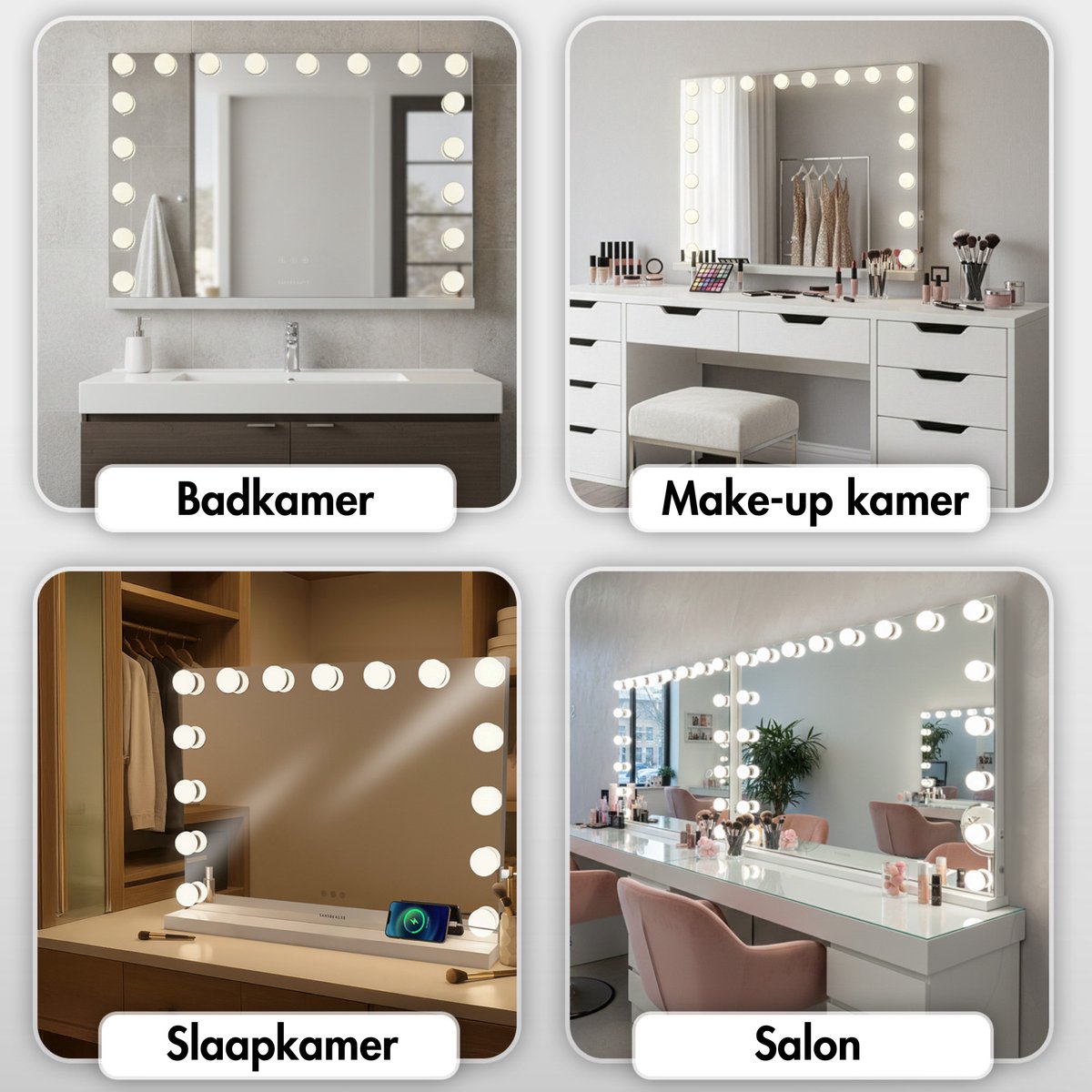 Sansbeauté® Hollywood Spiegel 80x60 cm - Make-up Spiegel - 18 LED Lampen - 10x Vergroting - Dimbaar - USB Oplaadpoort - Touch Control - Bluetooth - Multi