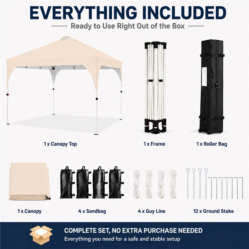 SOBERINE Pop-up Vouwpaviljoen 3 × 3 m met Wieltas, Zandzakken en Haringen Beige
